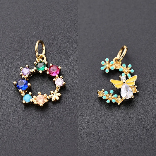 1Pc/Package 13x10.5mm 14x13mm Hole 3~3.9mm Copper Zircon Gold Plated Flower Bee Polished Pendant