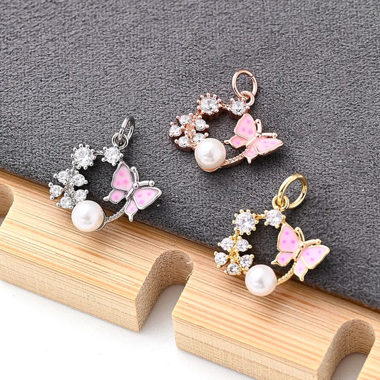 1Pc/Package 13x13.5mm Hole 3~3.9mm Copper Acrylic Zircon Rose Gold Plated White Gold Plated Gold Plated Flower Butterfly Polished Pendant