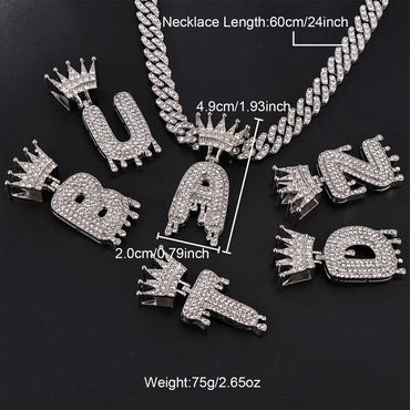 1PC Personalized Name Letter Charm Necklace Bling Bling Full Diamond Cuban Link Unisex Name Initials Pendant Necklace With Crown