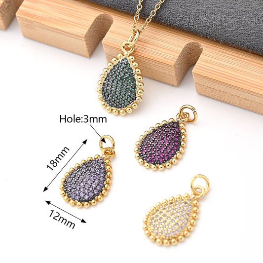 2 PCS/Package 18x12mm Hole 3~3.9mm Copper Zircon Gold Plated Glittery Water Droplets Polished Pendant