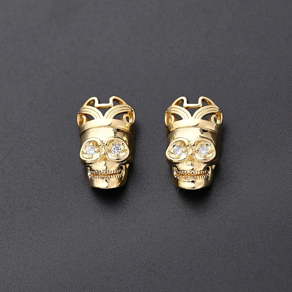 2 PCS/Package 20x12mm Hole 1~1.9mm Copper Zircon Gold Plated Crown Skull Polished Beads