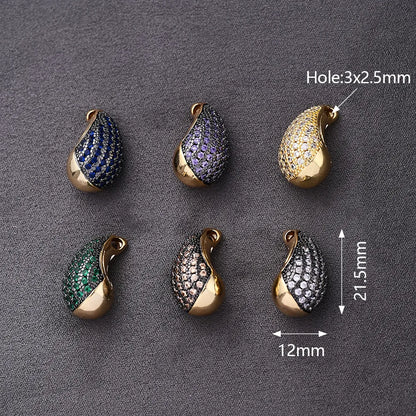 2 PCS/Package 21.5x12mm 3x2.5mm Copper Zircon Gold Plated Glittery Water Droplets Polished Pendant