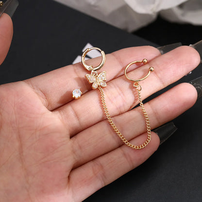 2 Pieces Set Elegant Lady Streetwear Butterfly Inlay Copper Zircon Ear Studs