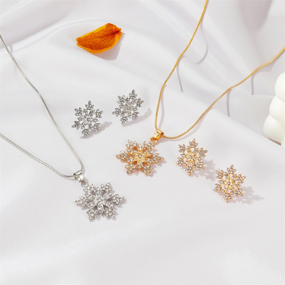 New Simple Micro-inlaid Diamond Snowflake Pendant Necklace Snowflake Earrings Set