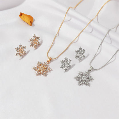 New Simple Micro-inlaid Diamond Snowflake Pendant Necklace Snowflake Earrings Set