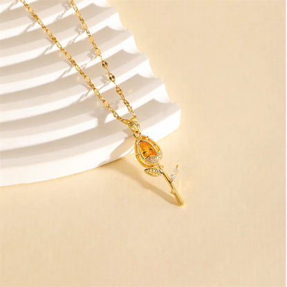 201 Stainless Steel Brass 18K Gold Plated Hollow Out Inlay Flower Zircon Pendant Necklace