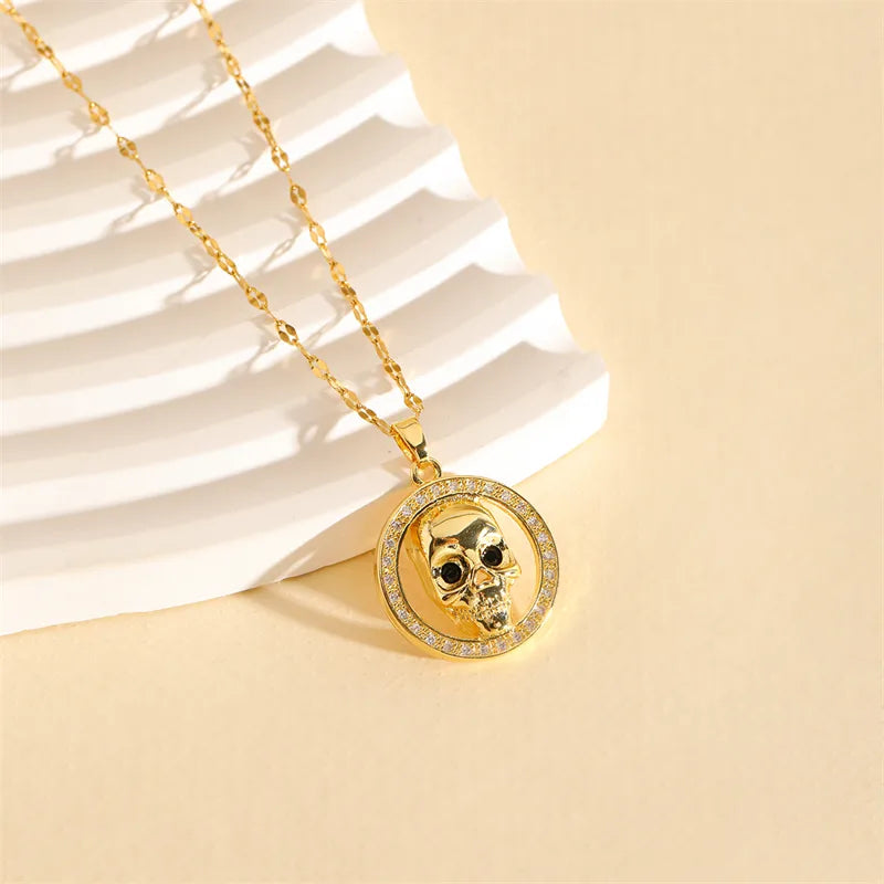 201 Stainless Steel Brass 18K Gold Plated Hollow Out Inlay Skull Zircon Pendant Necklace