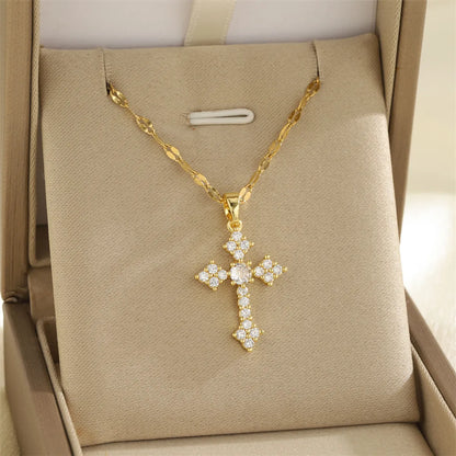 201 Stainless Steel Brass 18K Gold Plated Inlay Cross Elephant Eye Shell Zircon Pendant Necklace