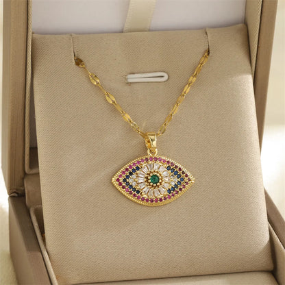 201 Stainless Steel Brass 18K Gold Plated Inlay Cross Elephant Eye Shell Zircon Pendant Necklace