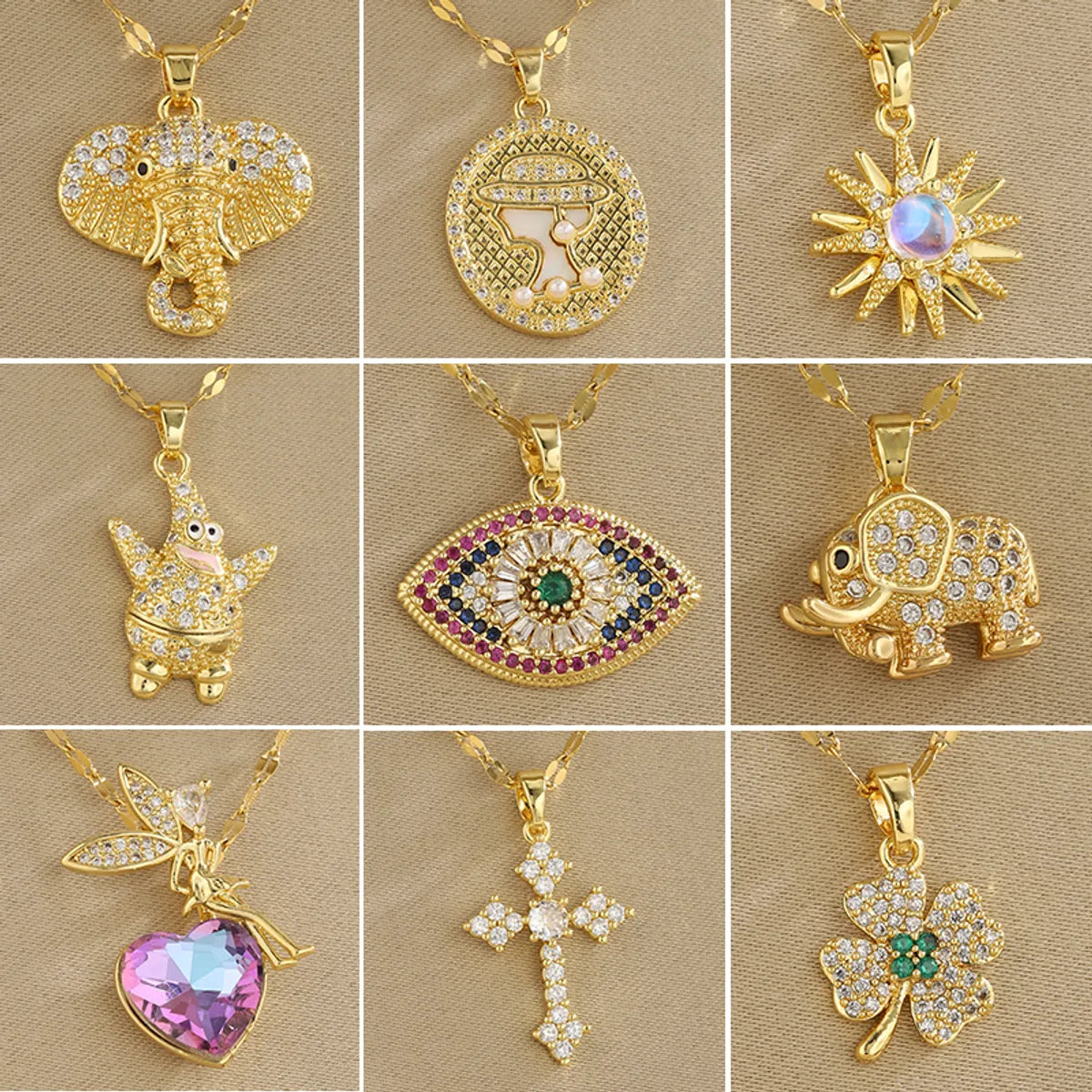 201 Stainless Steel Brass 18K Gold Plated Inlay Cross Elephant Eye Shell Zircon Pendant Necklace