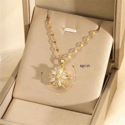 201 Stainless Steel Brass 18K Gold Plated Inlay Panda Eye Flower Zircon Pendant Necklace