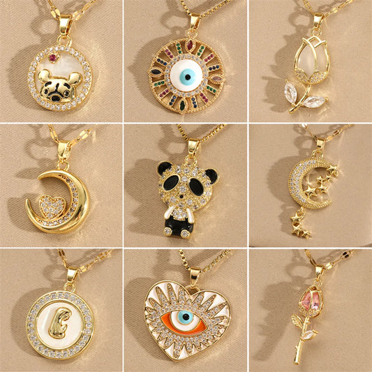 201 Stainless Steel Brass 18K Gold Plated Inlay Panda Eye Flower Zircon Pendant Necklace