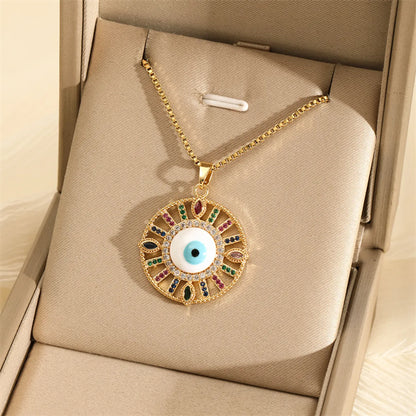 201 Stainless Steel Brass 18K Gold Plated Inlay Panda Eye Flower Zircon Pendant Necklace