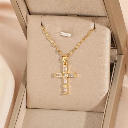 201 Stainless Steel Brass 18K Gold Plated Simple Style Classic Style Inlay Cross Zircon Pendant Necklace