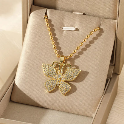 201 Stainless Steel Brass 18K Gold Plated Simple Style Classic Style Plating Inlay Cross Heart Shape Jaguar Zircon Pendant Necklace