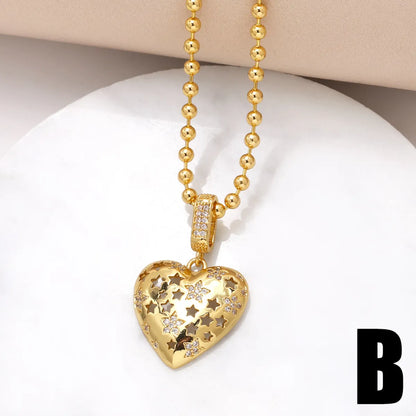 201 Stainless Steel Copper 18K Gold Plated Hollow Out Inlay Heart Shape Zircon Pendant Necklace