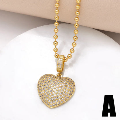 201 Stainless Steel Copper 18K Gold Plated Hollow Out Inlay Heart Shape Zircon Pendant Necklace