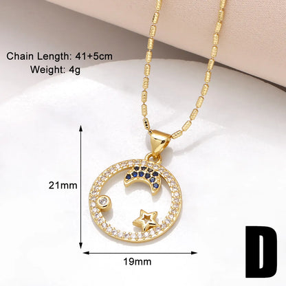 201 Stainless Steel Copper 18K Gold Plated Hollow Out Inlay Star Moon Zircon Pendant Necklace