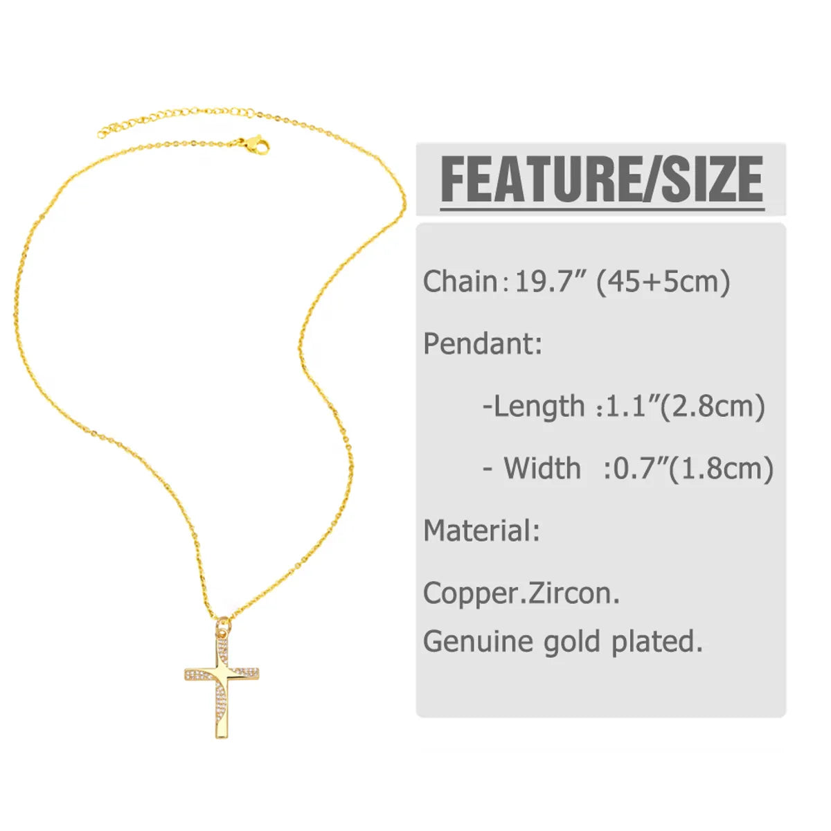 201 Stainless Steel Copper 18K Gold Plated Inlay Cross Zircon Pendant Necklace