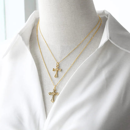 201 Stainless Steel Copper 18K Gold Plated Inlay Cross Zircon Pendant Necklace