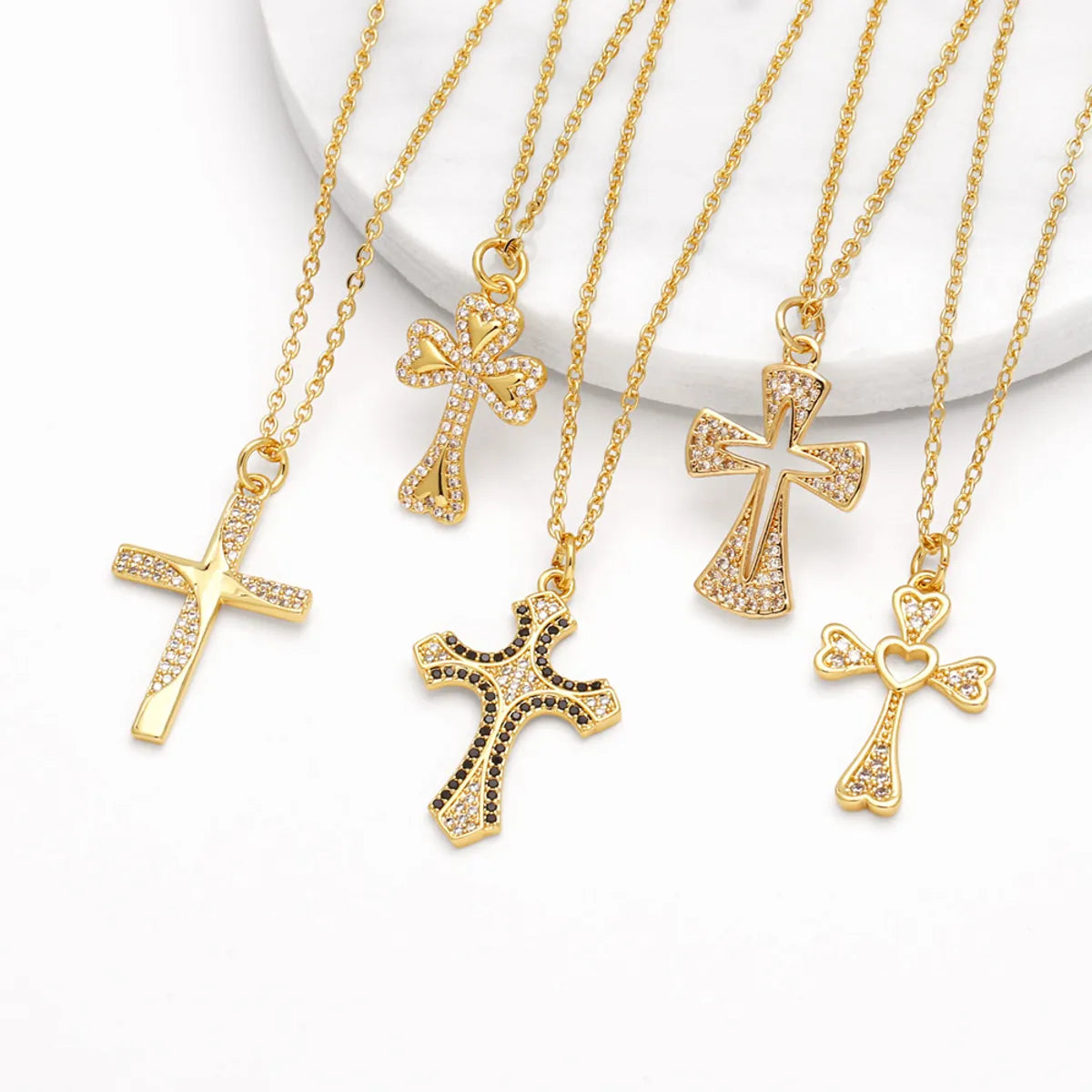 201 Stainless Steel Copper 18K Gold Plated Inlay Cross Zircon Pendant Necklace