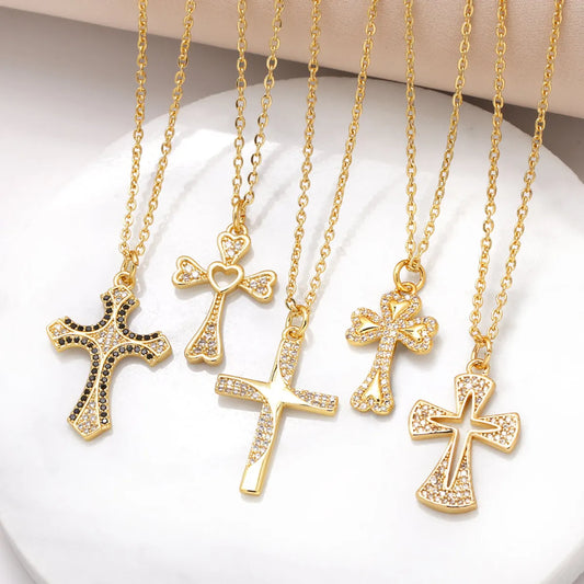 201 Stainless Steel Copper 18K Gold Plated Inlay Cross Zircon Pendant Necklace