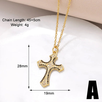 201 Stainless Steel Copper 18K Gold Plated Inlay Cross Zircon Pendant Necklace