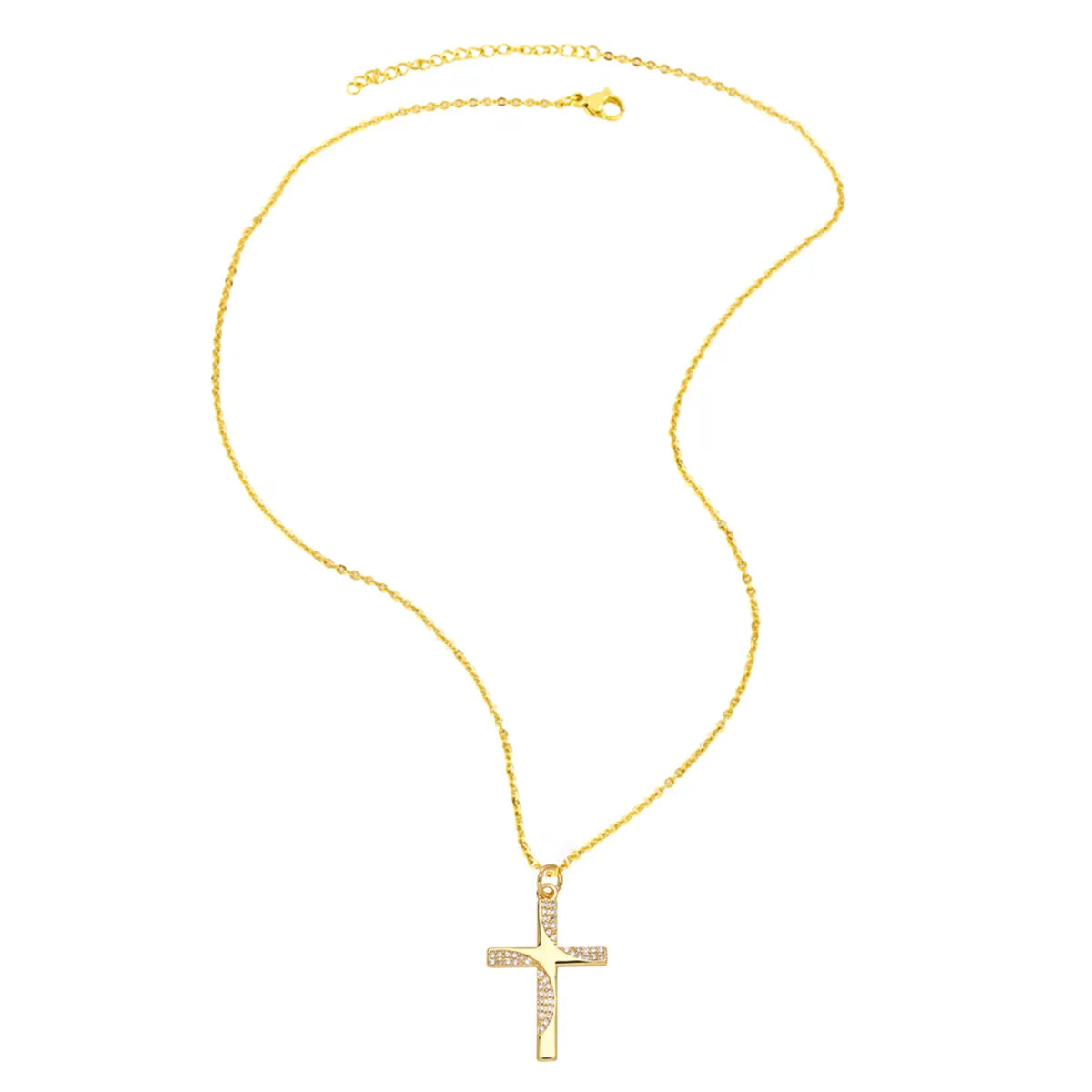 201 Stainless Steel Copper 18K Gold Plated Inlay Cross Zircon Pendant Necklace