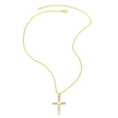 201 Stainless Steel Copper 18K Gold Plated Inlay Cross Zircon Pendant Necklace