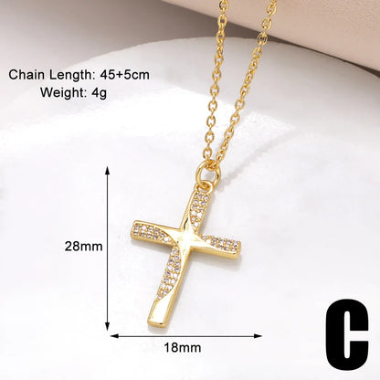 201 Stainless Steel Copper 18K Gold Plated Inlay Cross Zircon Pendant Necklace