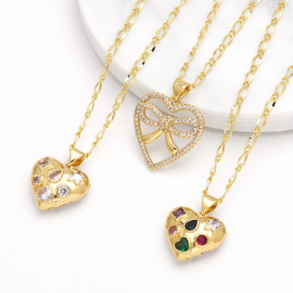 201 Stainless Steel Copper 18K Gold Plated Inlay Heart Shape Bow Knot Zircon Pendant Necklace