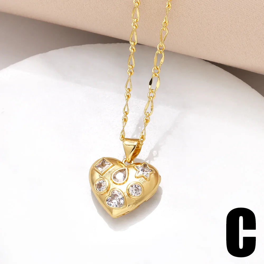 201 Stainless Steel Copper 18K Gold Plated Inlay Heart Shape Bow Knot Zircon Pendant Necklace