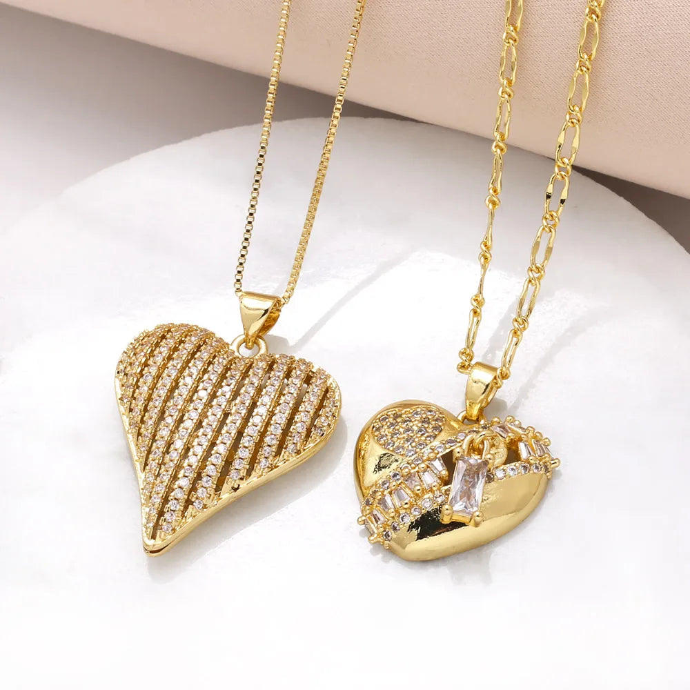 201 Stainless Steel Copper 18K Gold Plated Inlay Heart Shape Zircon Pendant Necklace