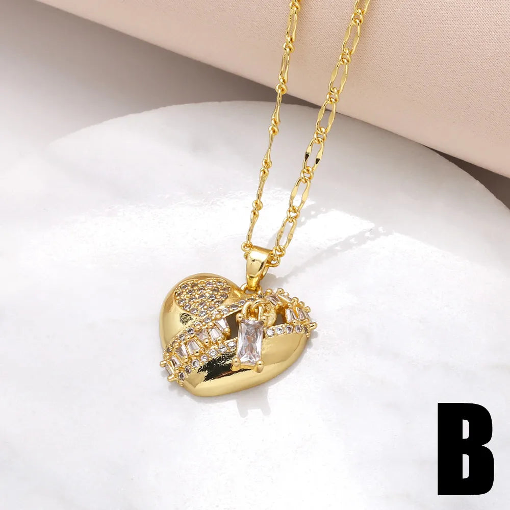 201 Stainless Steel Copper 18K Gold Plated Inlay Heart Shape Zircon Pendant Necklace