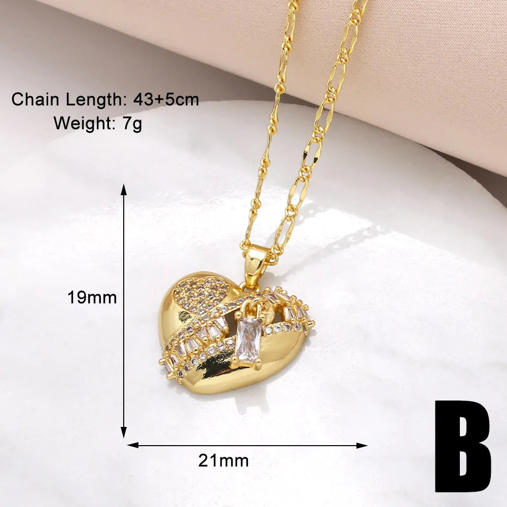 201 Stainless Steel Copper 18K Gold Plated Inlay Heart Shape Zircon Pendant Necklace