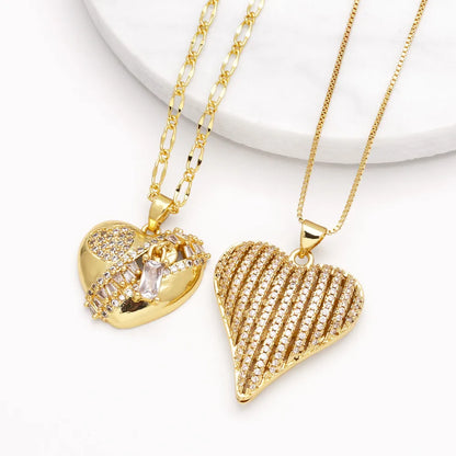 201 Stainless Steel Copper 18K Gold Plated Inlay Heart Shape Zircon Pendant Necklace