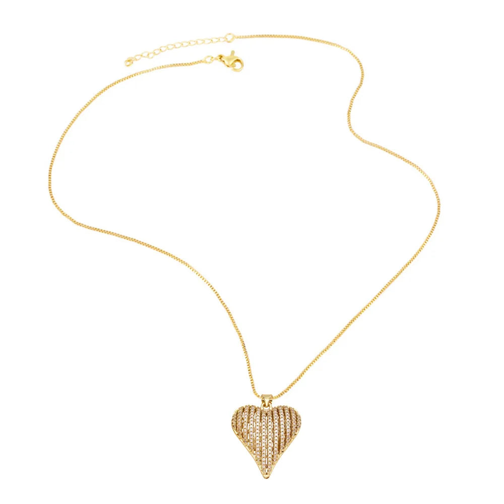 201 Stainless Steel Copper 18K Gold Plated Inlay Heart Shape Zircon Pendant Necklace