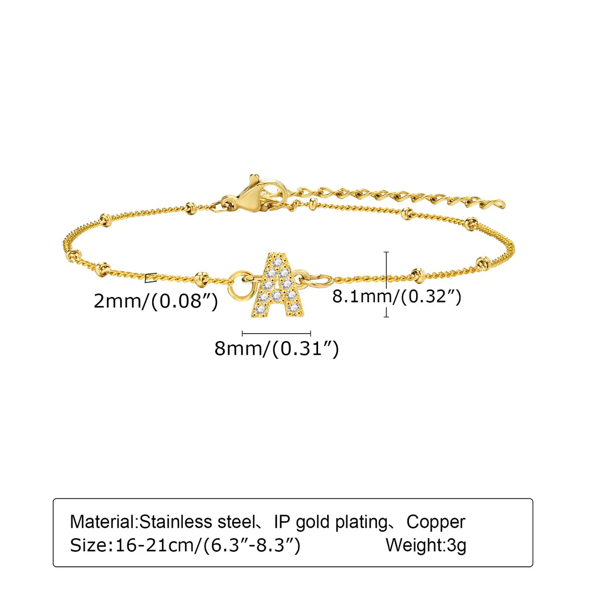 201 Stainless Steel Copper 18K Gold Plated Inlay Letter Zircon Bracelets