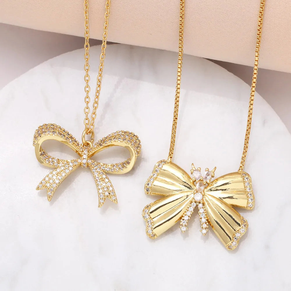 201 Stainless Steel Copper 18K Gold Plated Modern Style Simple Style Plating Inlay Bow Knot Zircon Pendant Necklace