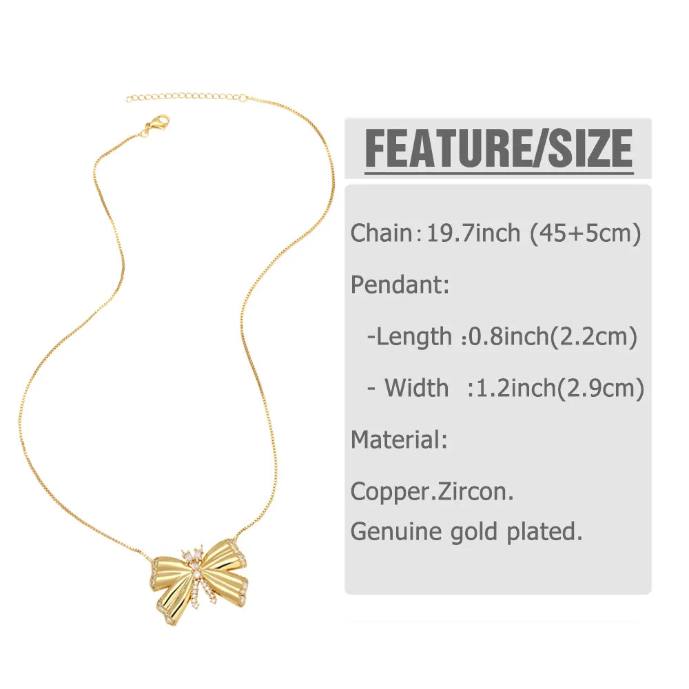 201 Stainless Steel Copper 18K Gold Plated Modern Style Simple Style Plating Inlay Bow Knot Zircon Pendant Necklace