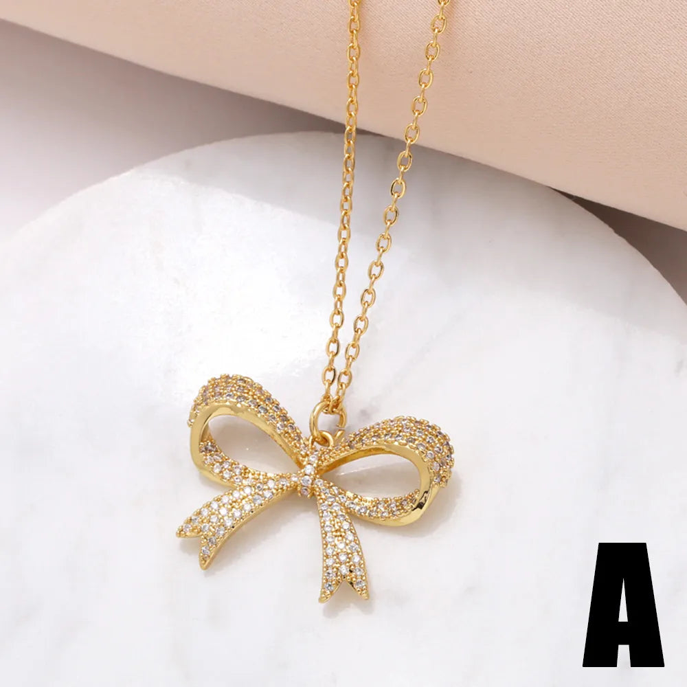 201 Stainless Steel Copper 18K Gold Plated Modern Style Simple Style Plating Inlay Bow Knot Zircon Pendant Necklace