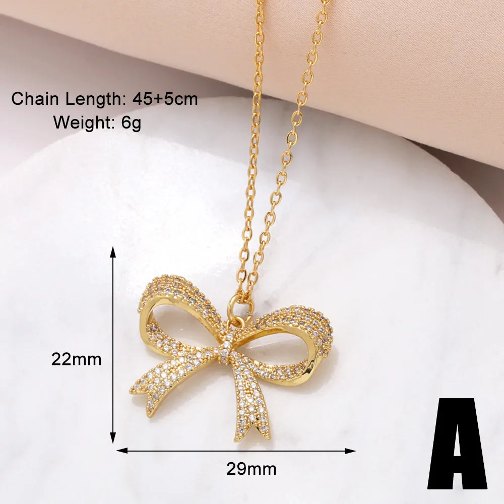 201 Stainless Steel Copper 18K Gold Plated Modern Style Simple Style Plating Inlay Bow Knot Zircon Pendant Necklace