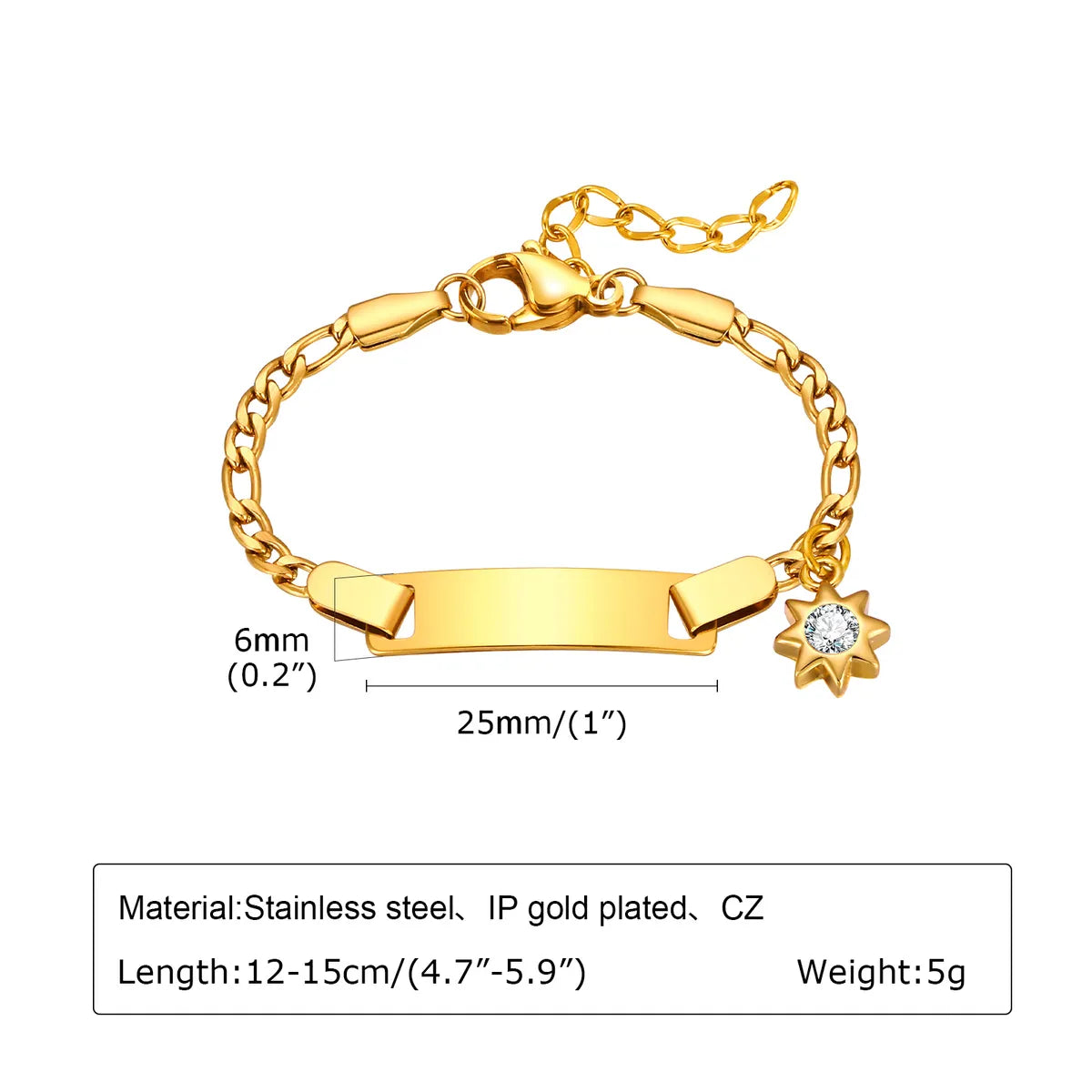 201 Stainless Steel Copper 18K Gold Plated Plating Star Moon Heart Shape Zircon ID Bracelet