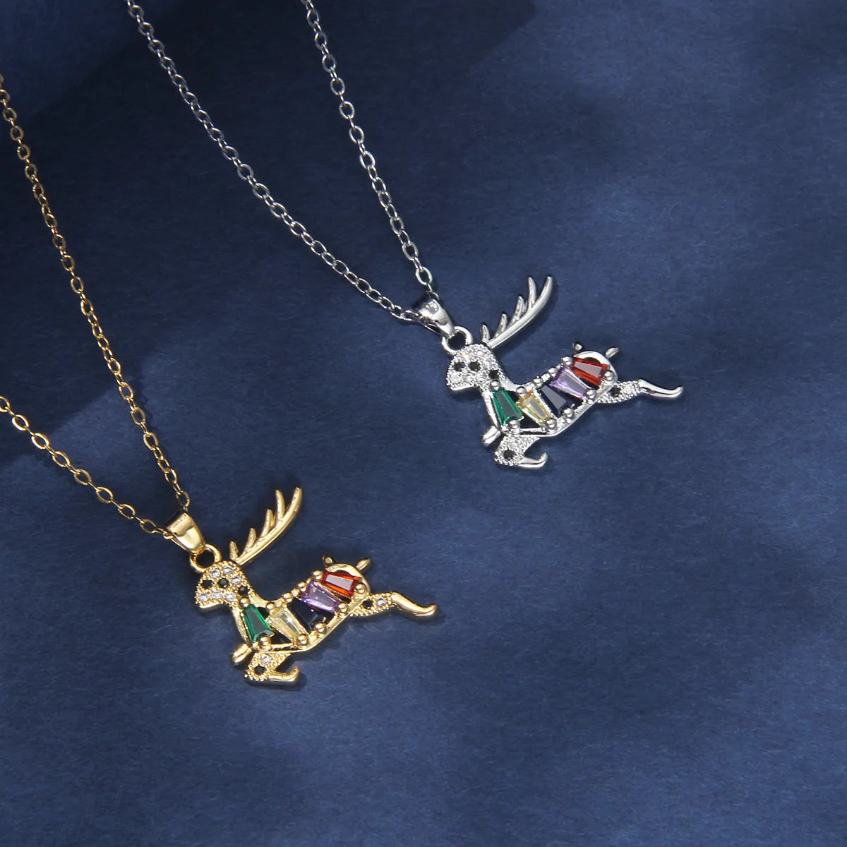 201 Stainless Steel Copper Gold Plated Inlay Deer Zircon Pendant Necklace