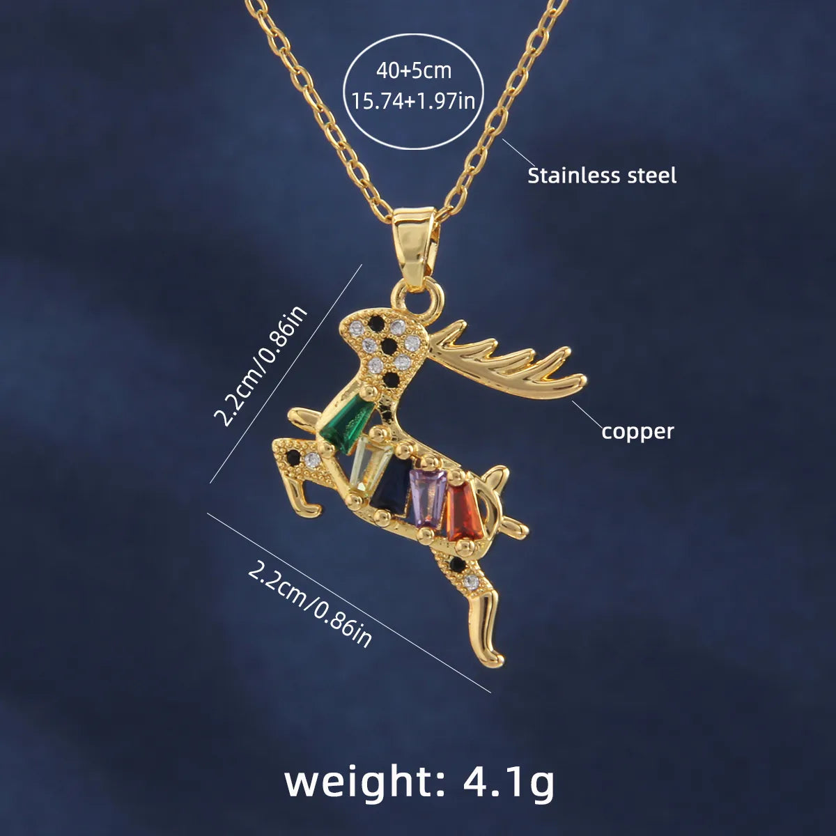 201 Stainless Steel Copper Gold Plated Inlay Deer Zircon Pendant Necklace