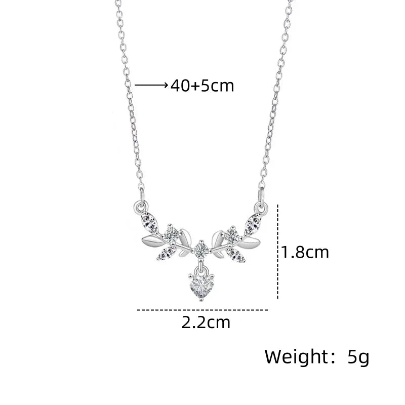 201 Stainless Steel Copper Gold Plated Inlay Geometric Leaf Glass Zircon Pendant Necklace