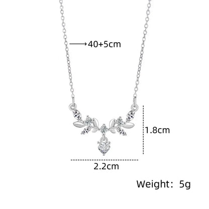 201 Stainless Steel Copper Gold Plated Inlay Geometric Leaf Glass Zircon Pendant Necklace