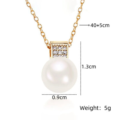 201 Stainless Steel Copper Gold Plated Plating Inlay Round Artificial Pearls Zircon Pendant Necklace