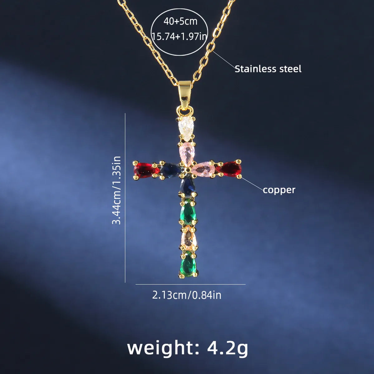 201 Stainless Steel Copper Gold Plated Retro Luxurious Commute Inlay Cross Zircon Pendant Necklace