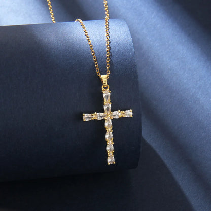 201 Stainless Steel Copper Gold Plated Retro Luxurious Commute Inlay Cross Zircon Pendant Necklace